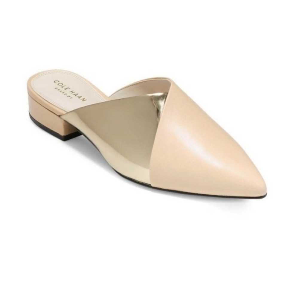 Cole Haan Cosette Mule Beige & Gold Pointy Toe Slip On Size 7 NWOB